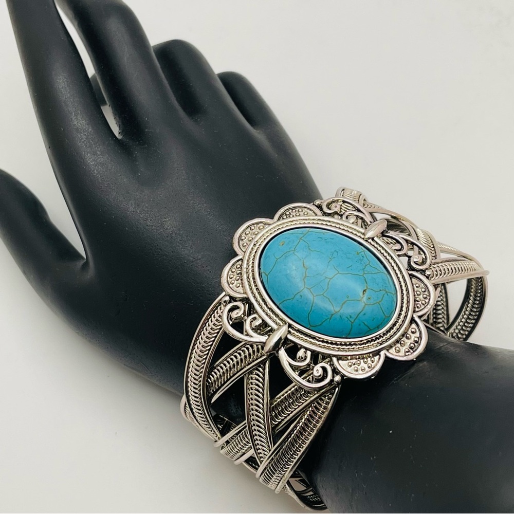 Bold Statement Silver Tone and Dyed Howlite Faux Turquoise Cuff Bracelet